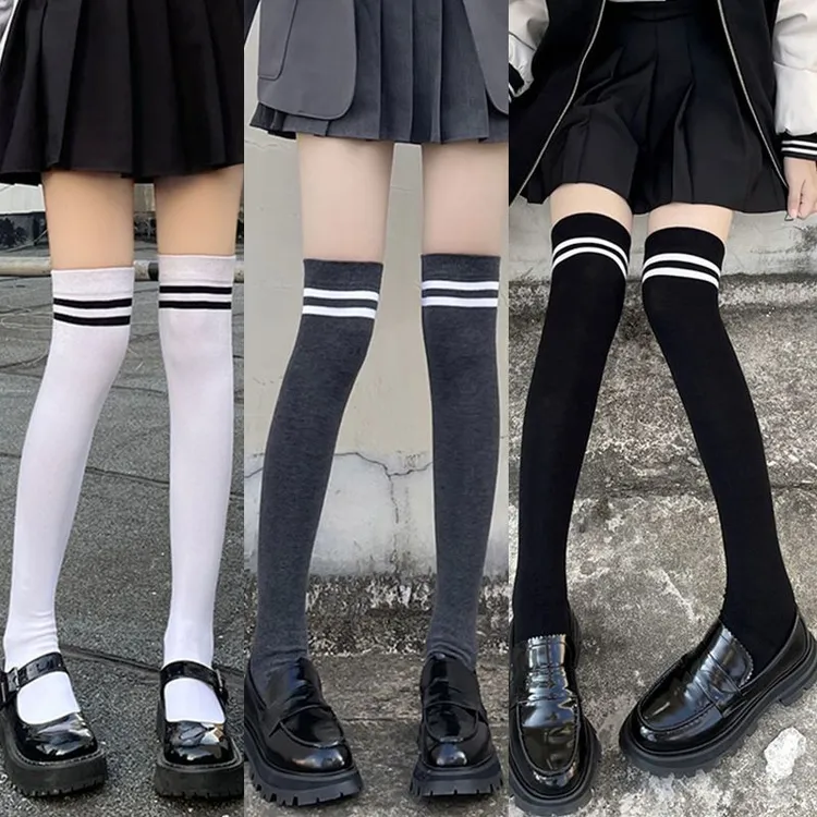 ins潮二杠条纹高筒袜纯棉春秋日系学院风jk长筒及膝袜小腿袜子女
