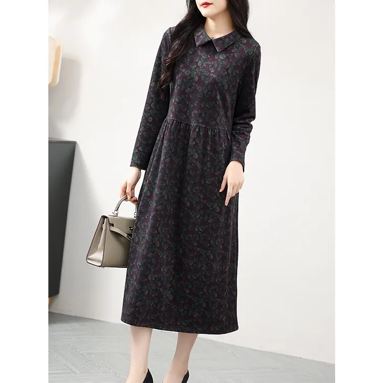 A79309海皮绒长袖连衣裙女高端精致印花高级感裙子秋冬新款A字裙
