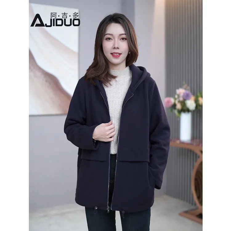 秋冬休闲连帽夹棉毛呢外套2025新款中年女士加厚保暖百搭棉服外套