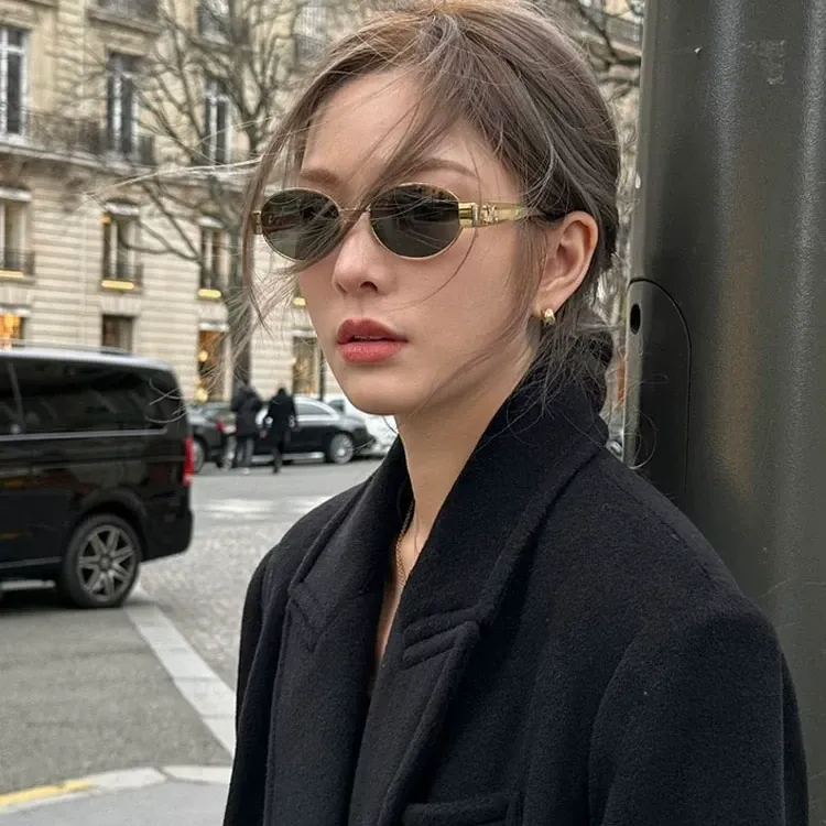 复古金边椭圆墨镜女高级感法式凹造型小框太阳眼镜2025新款金属框