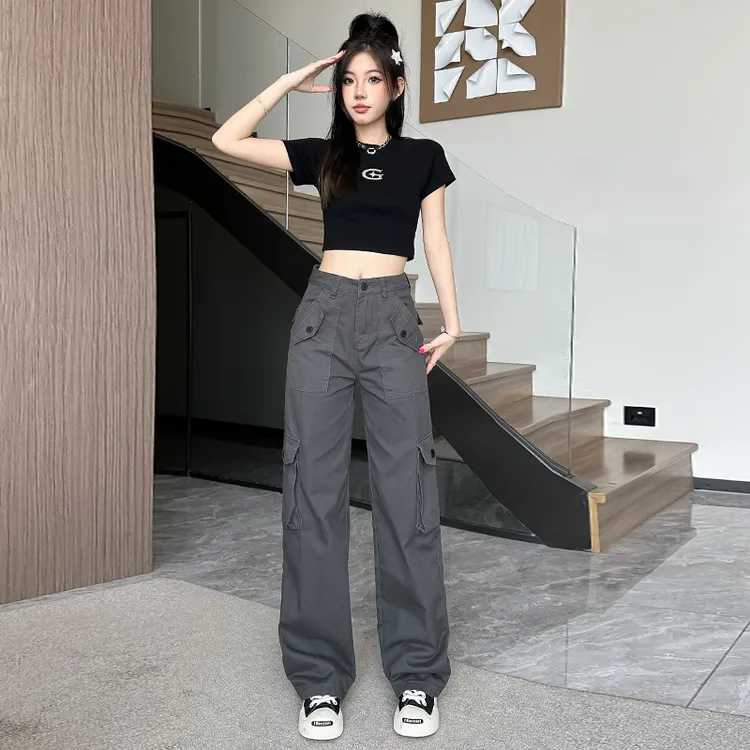 2026春款灰色高街辣妹春装高腰直筒休闲工装裤女显瘦拖地裤Y2331