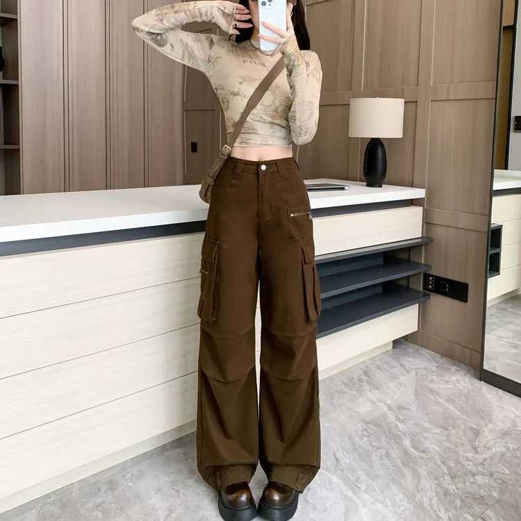2026春辣妹褶皱多口袋设计感工装裤女复古宽松拖地阔腿裤Y7013