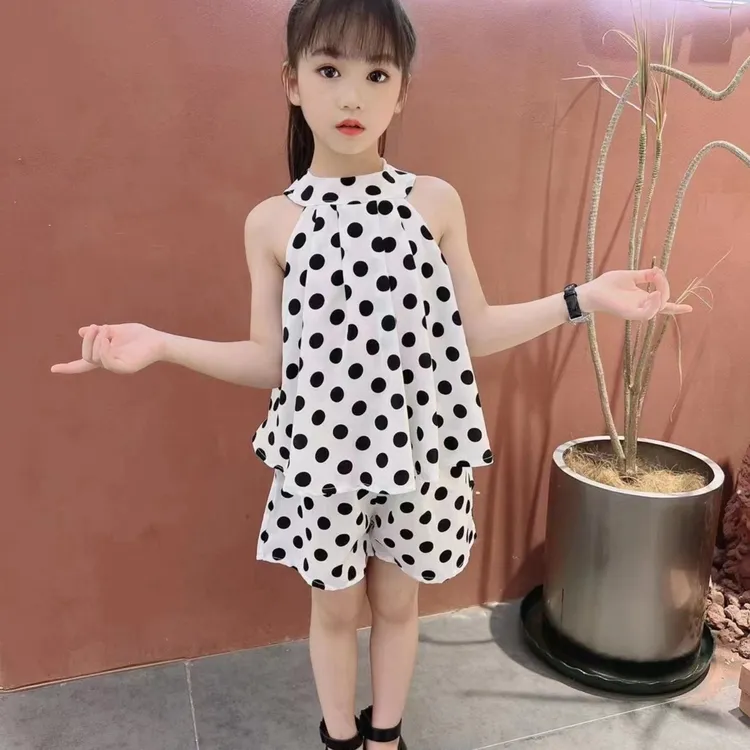 女童套装夏装2025新款洋气夏季儿童装中大童圆点雪纺挂脖两件套潮