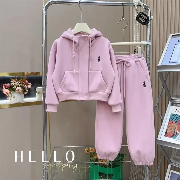 女童连帽洋气套装2025春秋款中大童一体绒加厚卫衣卫裤外套两件套