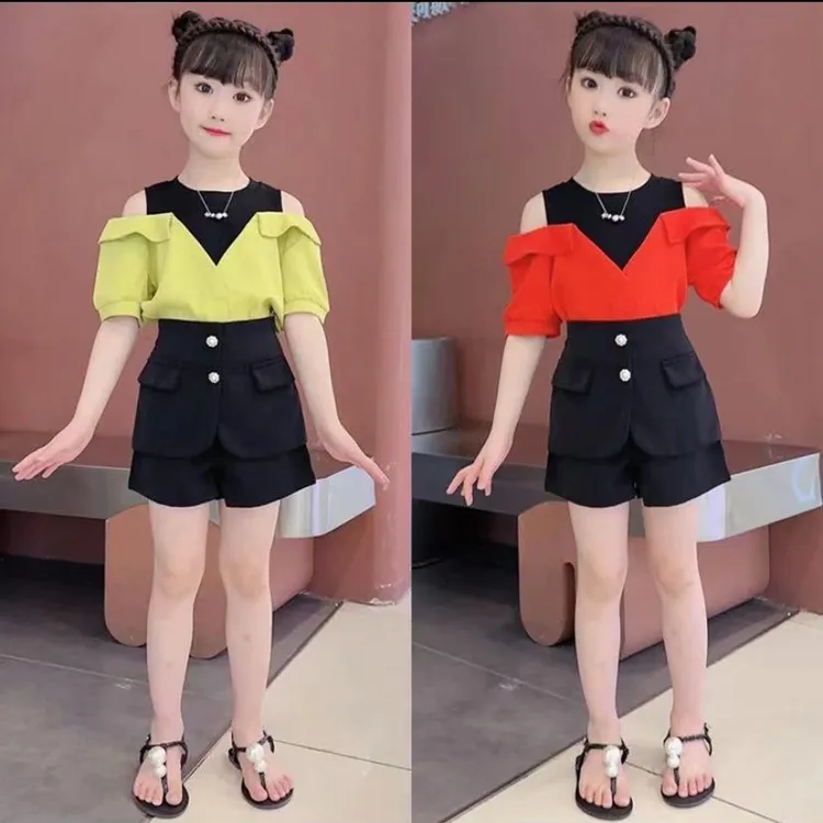 女童夏款露肩套装2025新款洋气网红女大童气质时髦洋气假两件套潮