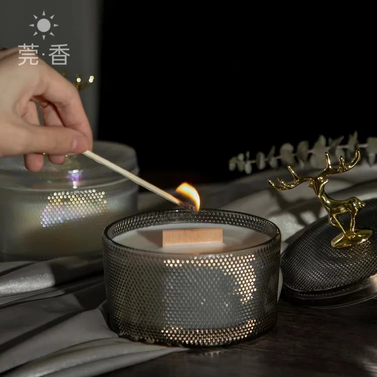 精油香薰蜡烛手作大豆蜡鹿角锤纹玻璃杯客厅摆件少烟香氛蜡烛礼物