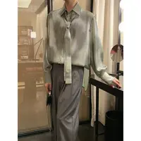 阿茶与阿古{松绿}光泽感缎面衬衫男痞帅领带设计长袖衬衣A2408105