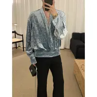 阿茶与阿古{烁蓝}流光丝绒衬衫男小众设计感V领痞帅衬衣A2408203