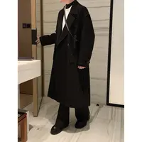 阿茶与阿古黑色明线风衣男中长款秋季痞帅设计感宽松外套A2409108