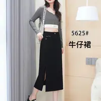 5625#裙长78黑色牛仔半身裙女秋季时尚式复古直筒a字开叉中长款裙