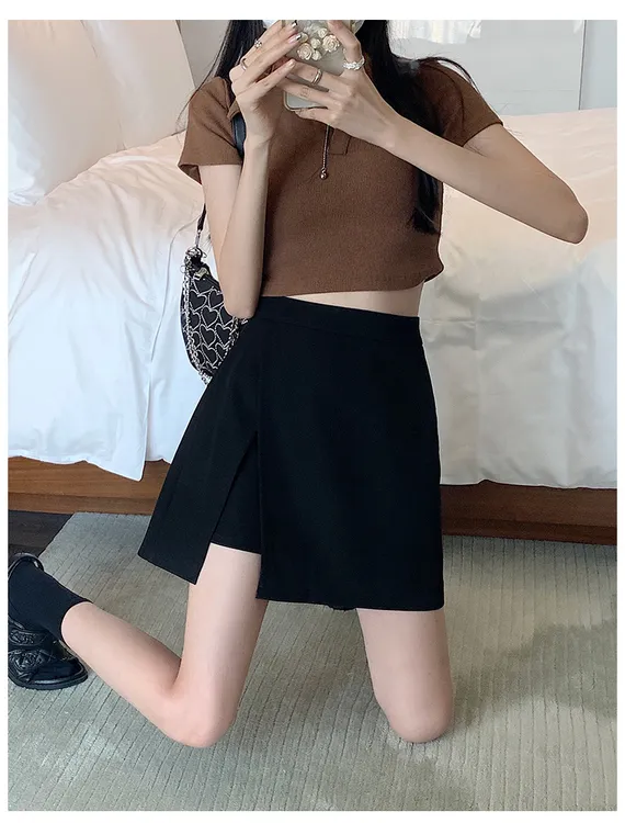 防走光裙子秋季黑色时尚百搭A字高腰短裙开叉不规则短裤裙半身裙