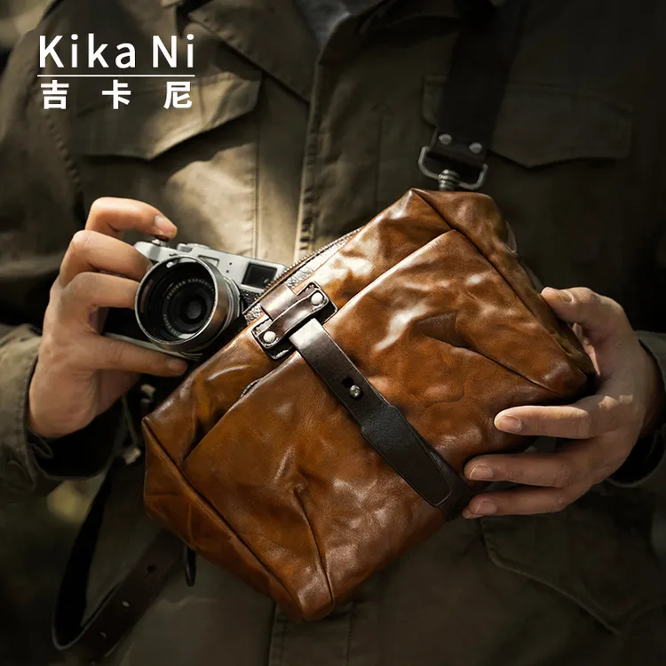 吉卡尼复古真皮邮差包单肩斜挎包头牛层皮户外相机胸包相机包男士