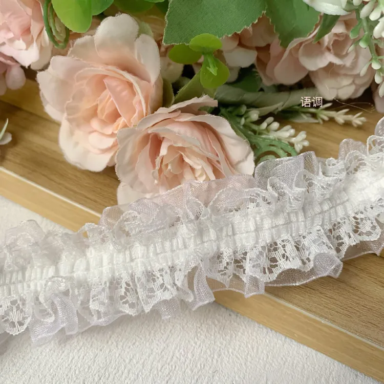 4cm双层褶皱雪纱蕾丝弹力松紧花边辅料娃娃衣服手工diy袖口装饰