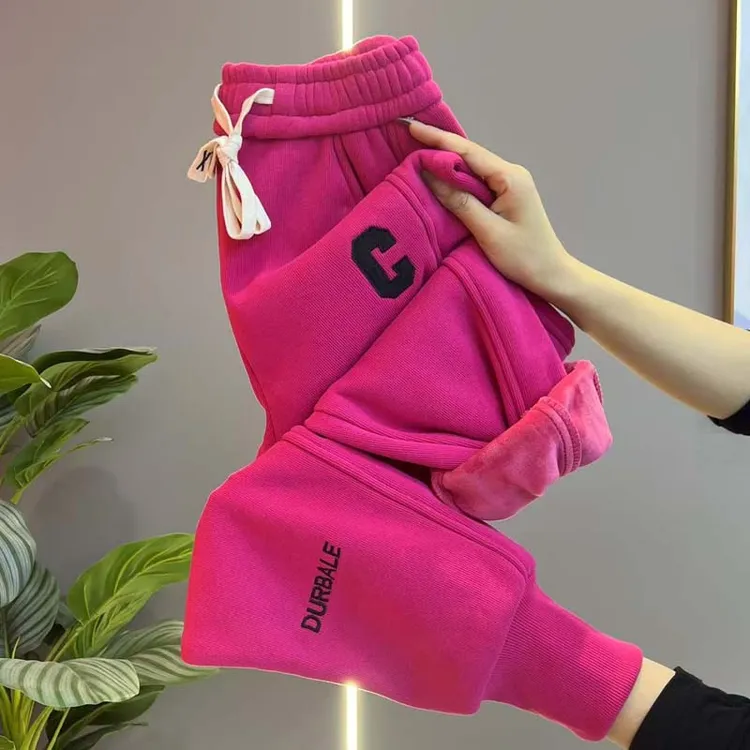 2025年秋冬新款加绒休闲卫裤女高腰宽松哈伦裤时尚黄色加绒裤子