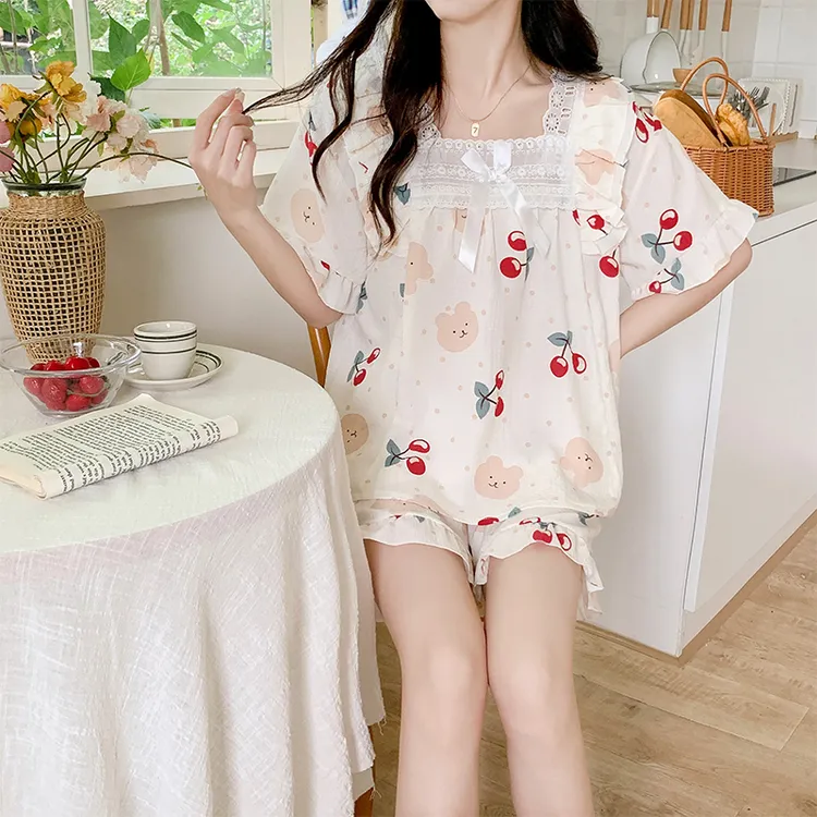 睡衣女夏季短袖套装新款薄款女士带胸垫可外出公主风家居服夏天