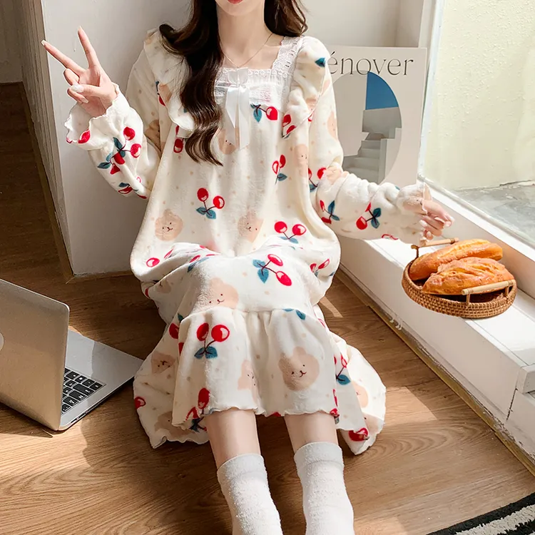 睡衣女秋冬季睡裙珊瑚绒加绒加厚法兰绒女士可爱家居服冬天连衣裙