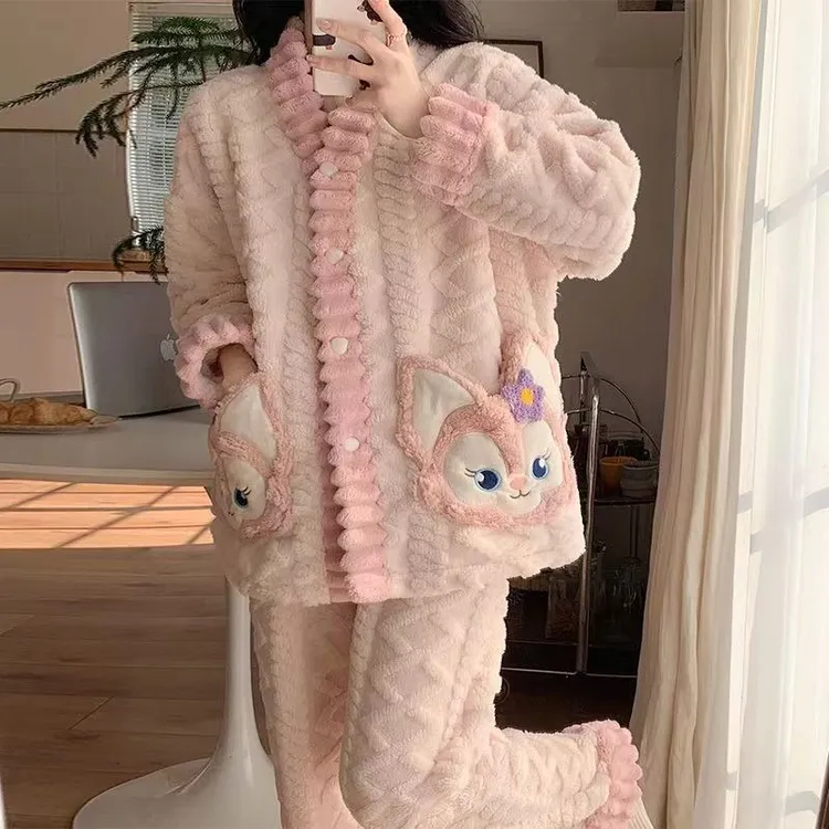 睡衣女秋冬季珊瑚绒加绒加厚法兰绒可爱女士可外穿家居服套装冬天