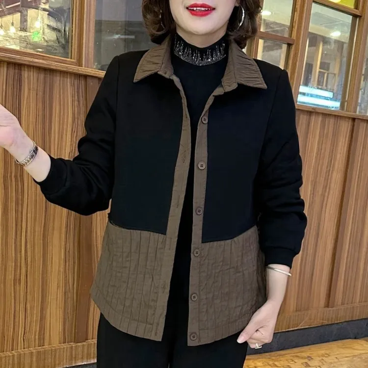 2025新款长袖秋季单排扣拼接外套韩版开衫高档撞色外搭上衣妈妈装