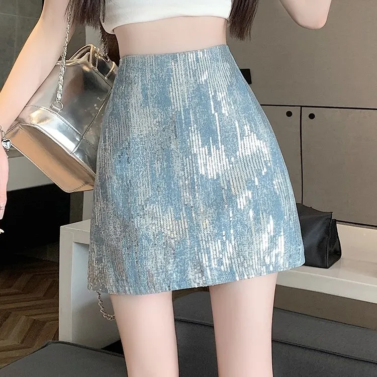 夏季时尚亮片A字裙韩版高腰短裙设计感显瘦半身裙防走光裙子