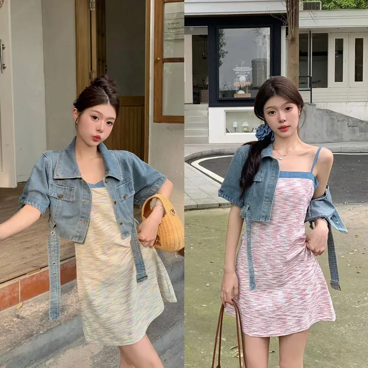 2024夏季新款纯欲吊带连衣裙时尚辣妹连衣裙牛仔外套装宽松连衣裙