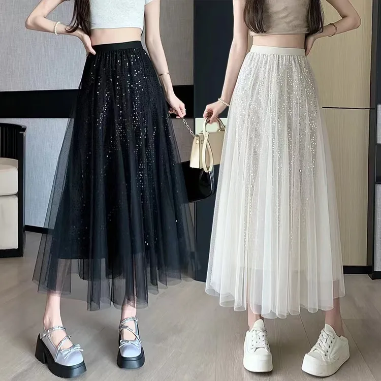 春夏百搭中长款高腰亮片裙半身裙网纱半身裙长款百褶裙显瘦半身裙