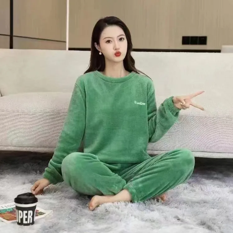 秋冬新款暖暖套装长袖女宽松加绒圆领保暖家居服两件套睡衣女套装
