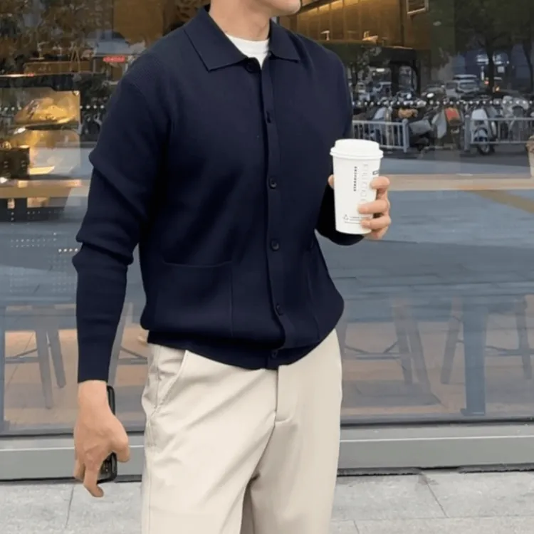 秋季商务休闲翻领绒纽扣口袋秋冬百搭毛衣外套男开衫针织衫外套