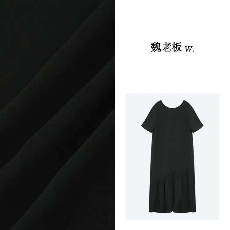 W.Diva【摇曳身姿】春季黑色100重绉桑蚕丝30姆米短袖长裙2DDM03360