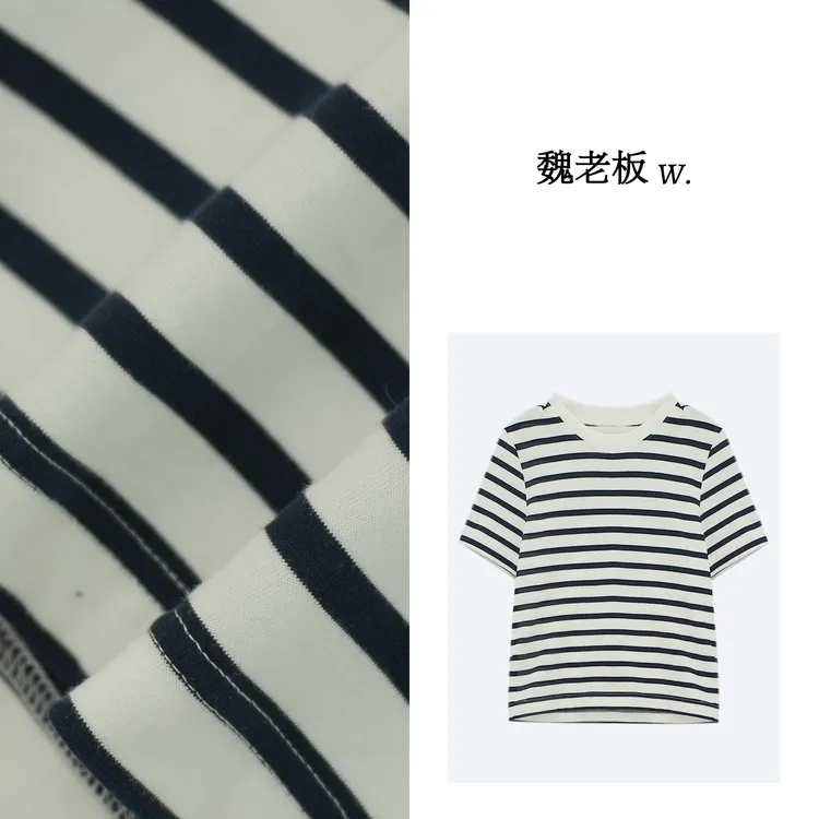 W.Diva【轻言】春季时尚洋气挺括舒适白底藏蓝条纹短袖T恤1TDMT5140