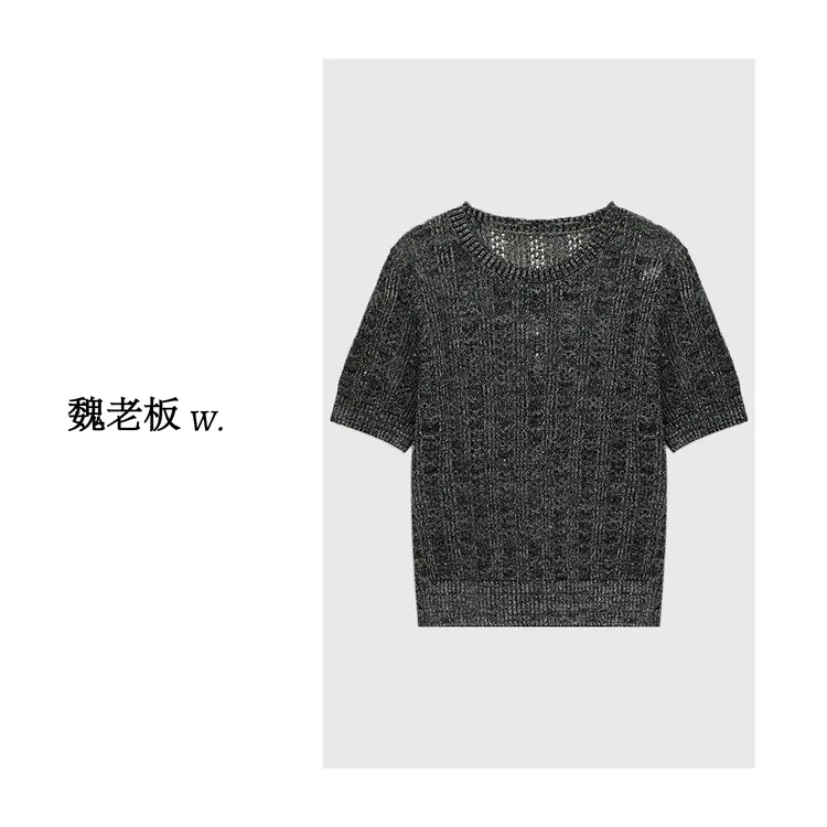 W.Diva【查理苏】春季时尚休闲镂空宽松设计感短袖针织衫2Z0224095