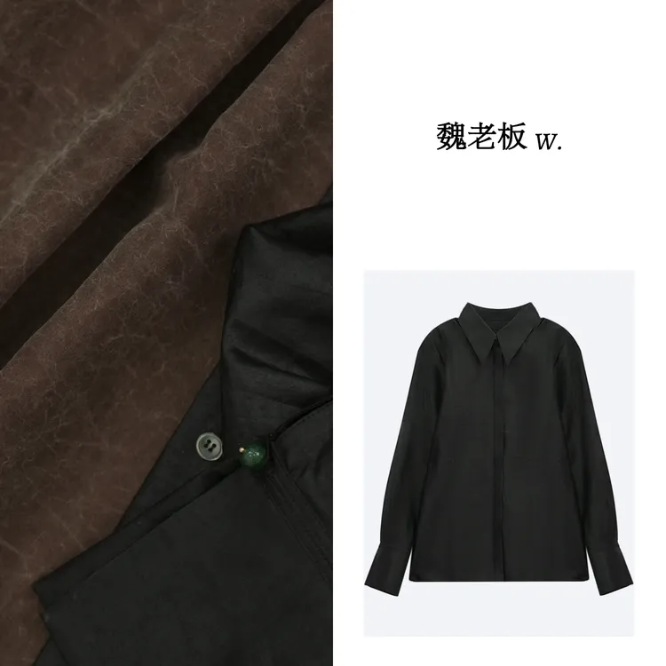 W.Diva【故情】春季黑色桑蚕丝龟纹香云纱天然休闲衬衫1SDM12130