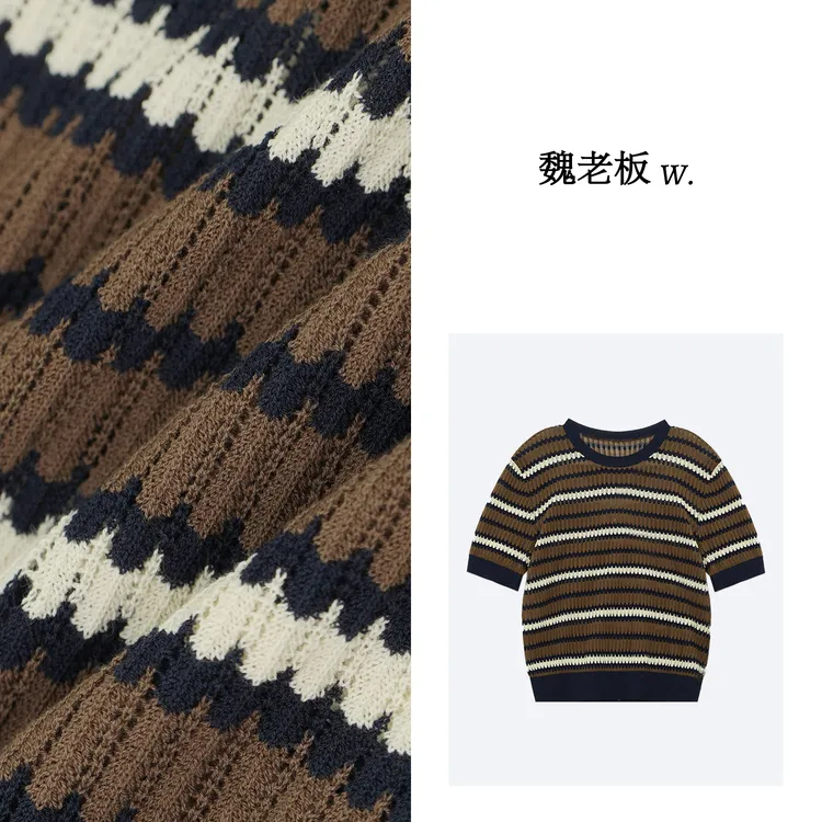 W.Diva【维纳斯】春季时尚百搭气质短袖条纹撞色针织衫2Z2224038