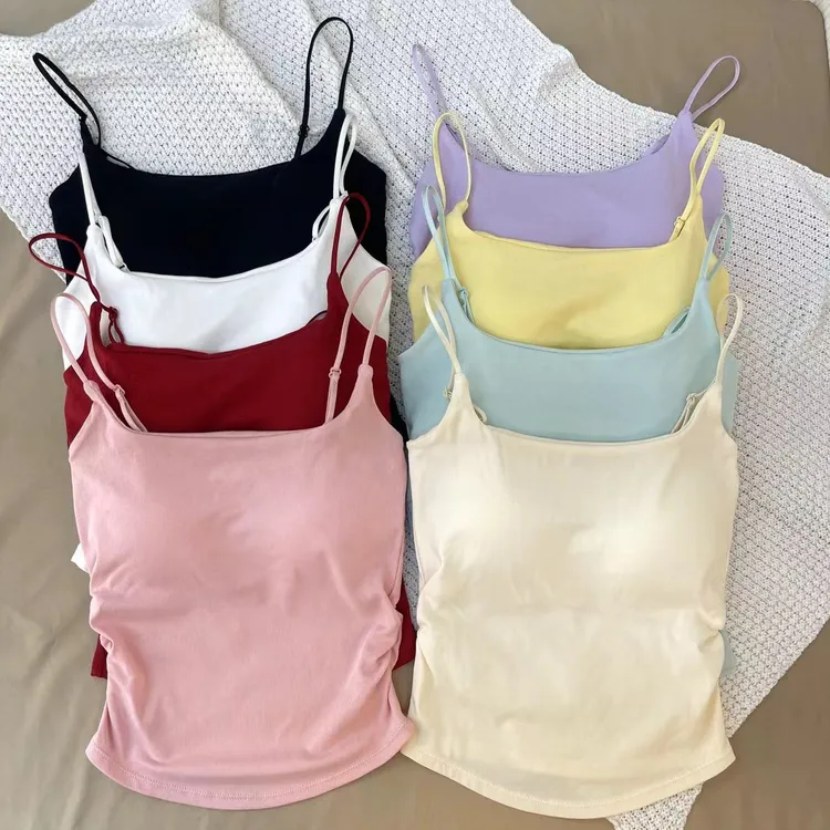 夏季多巴胺色系辣妹纯欲风时尚背心女褶皱收腰带胸垫一体式美背女