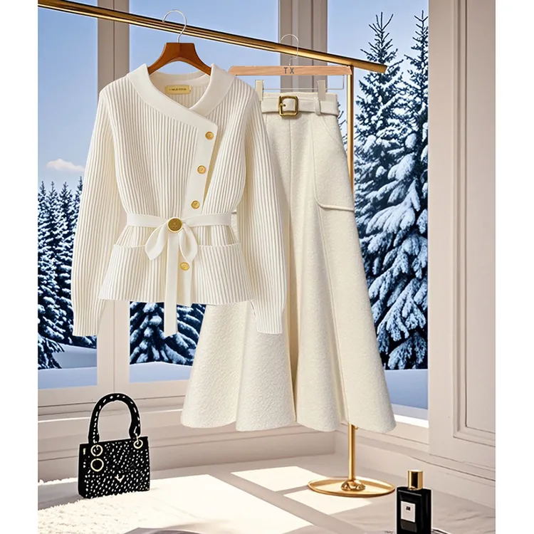 法式白色小香风针织衫女秋冬季高级感时尚减龄白色半身裙两件套装