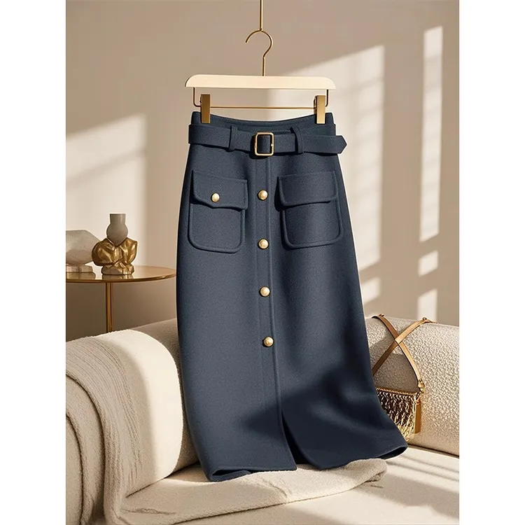 2025秋冬季新款法式时尚复古高腰显瘦高级感超好看藏青色半身裙女