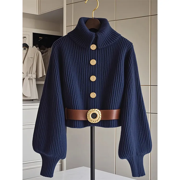 法式轻奢chic别致蓝色针织衫女秋冬季新款显瘦小众设计感打底毛衣