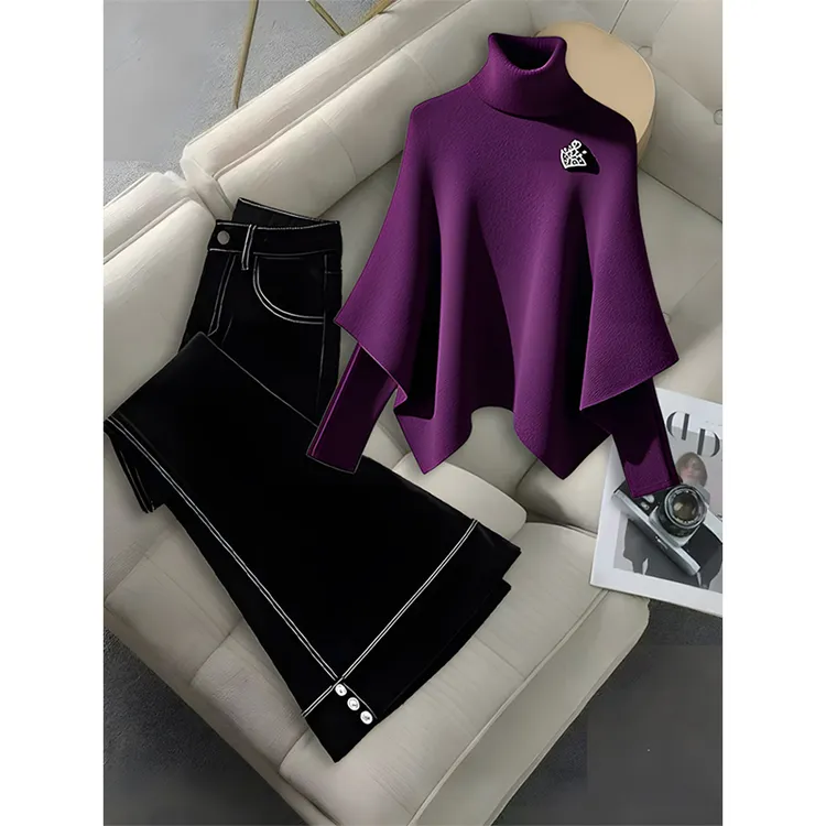 秋冬时尚套装高级感轻奢紫色假两件针织衫时尚黑色休闲裤两件套女