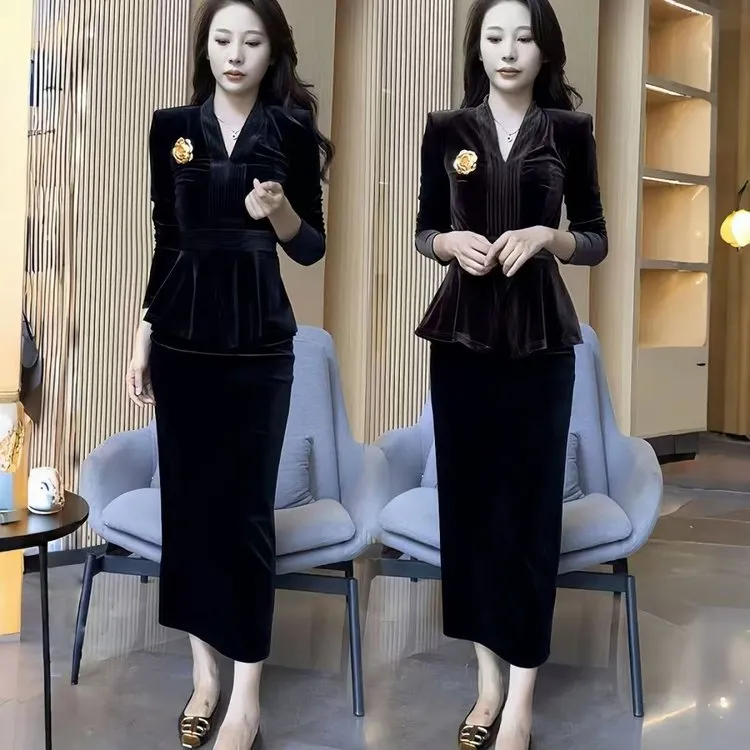 H668【两件套】春秋新款气质洋气显瘦V领上衣高腰半身裙时尚套装