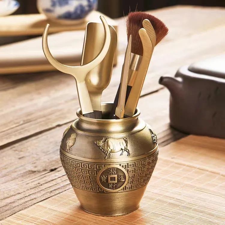 黄铜茶道六君子套装功夫茶具配件泡茶工具茶夹茶勺茶刀茶笔茶筒