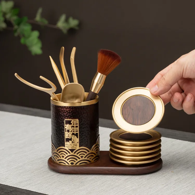 茶道六君子黄铜高档茶杯托茶具套装茶具配件茶夹茶勺茶刀养壶笔