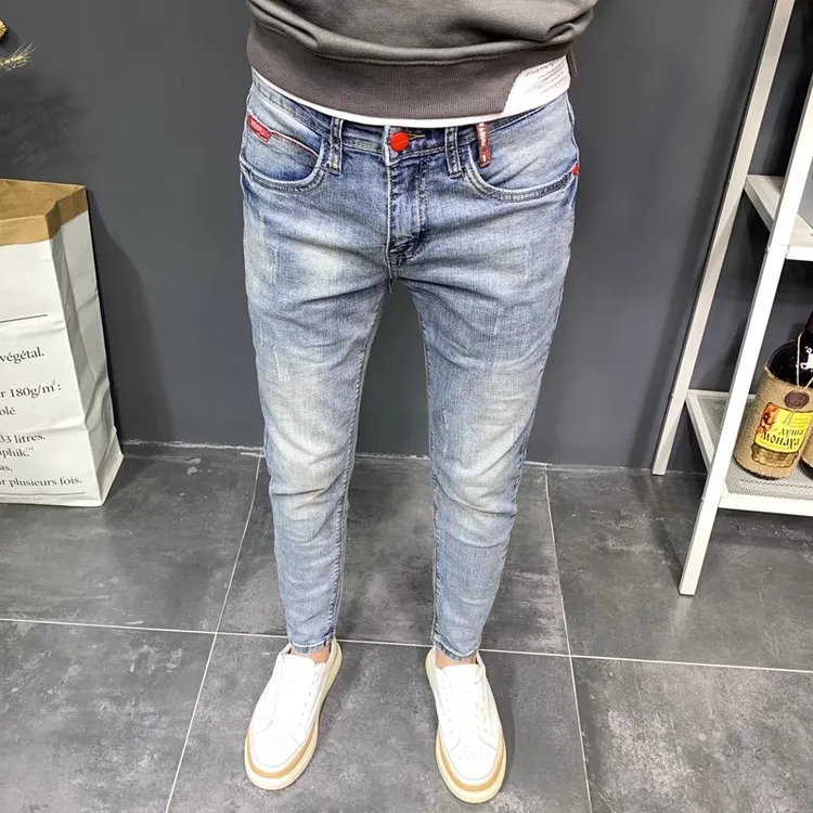 浅色牛仔裤男款冬季爆款潮牌水洗简约百搭复古修身弹力小脚九分裤
