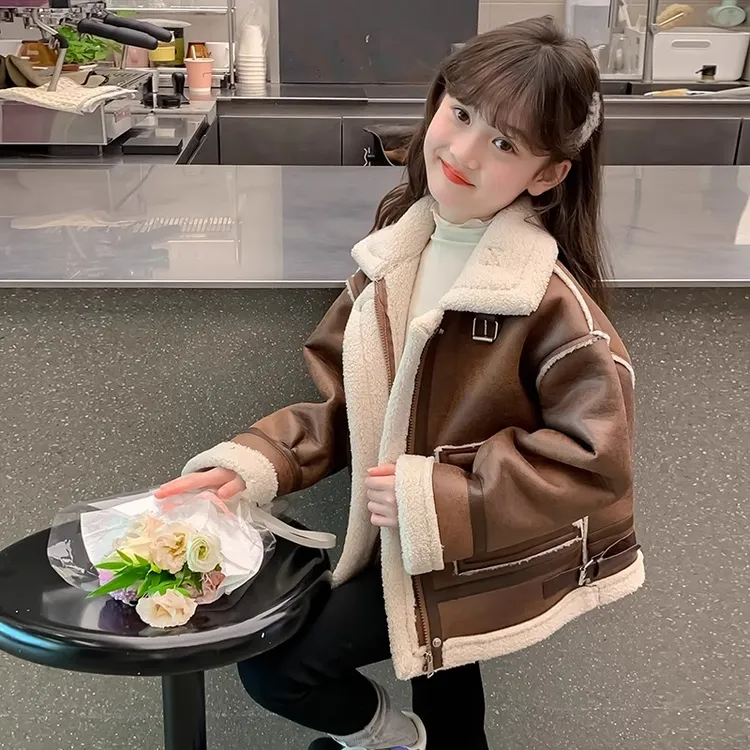 女童加绒皮衣外套2024新款洋气秋冬装女孩大童加厚儿童装冬季上衣
