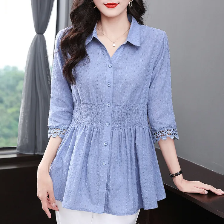 纯棉七分袖衬衫女2025春秋新款上衣全棉女士衬衣中年妈妈宽松小衫