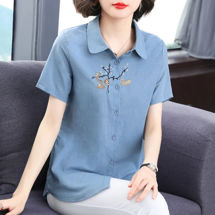 纯棉短袖衬衫女夏季2025新款宽松薄款棉麻翻领衬衣大码中长款上衣
