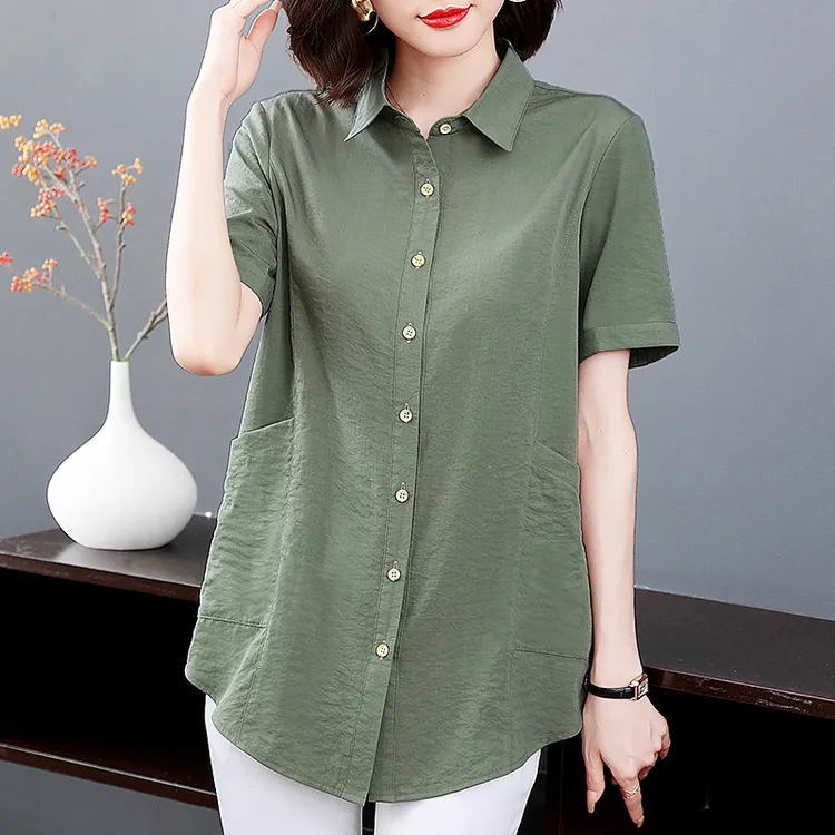 短袖衬衫女2025新款爆款洋气妈妈大码女装翻领上衣宽松休闲时尚夏