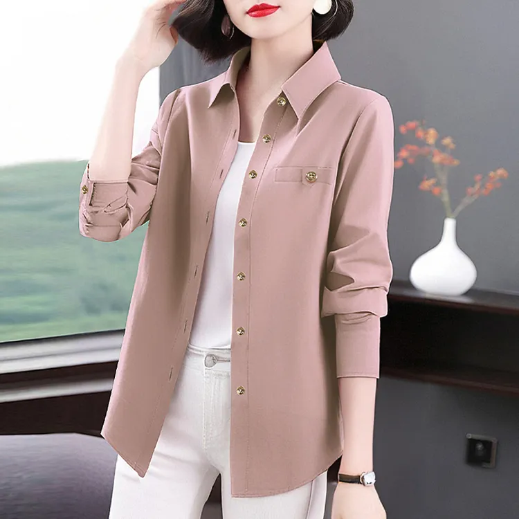 中长款衬衫女春秋2025新款休闲外套减龄长袖翻领衬衣外搭上衣大码