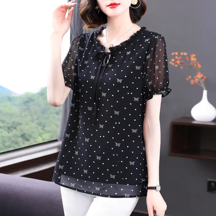 碎花雪纺衫女夏季遮肚子短袖上衣2025年新款女士宽松大码半袖衬衣