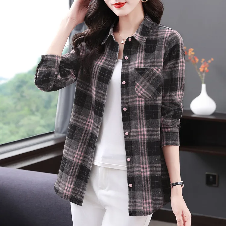 格子衬衫女款外套春秋休闲大尺码长袖妈妈衬衫2025年新款上衣减龄