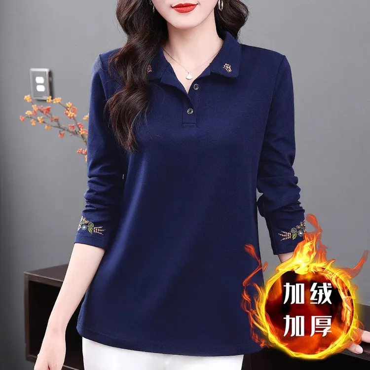 秋冬加厚长袖打底衫女2025新款大码翻领t恤中年妈妈休闲加绒上衣