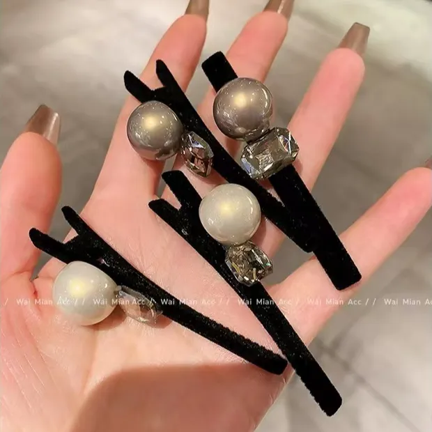 网红时尚植绒黑色发夹女气质复古仿珍珠一字夹新款百搭刘海侧边夹